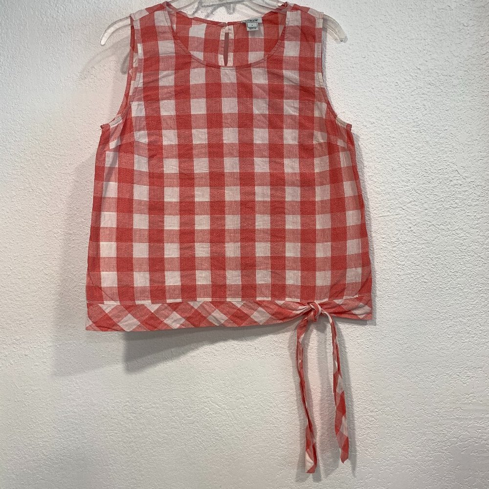 J. Crew Sleeveless Top Ties at Hem Keyhole Back Pink White Plaid Womens Size 8
